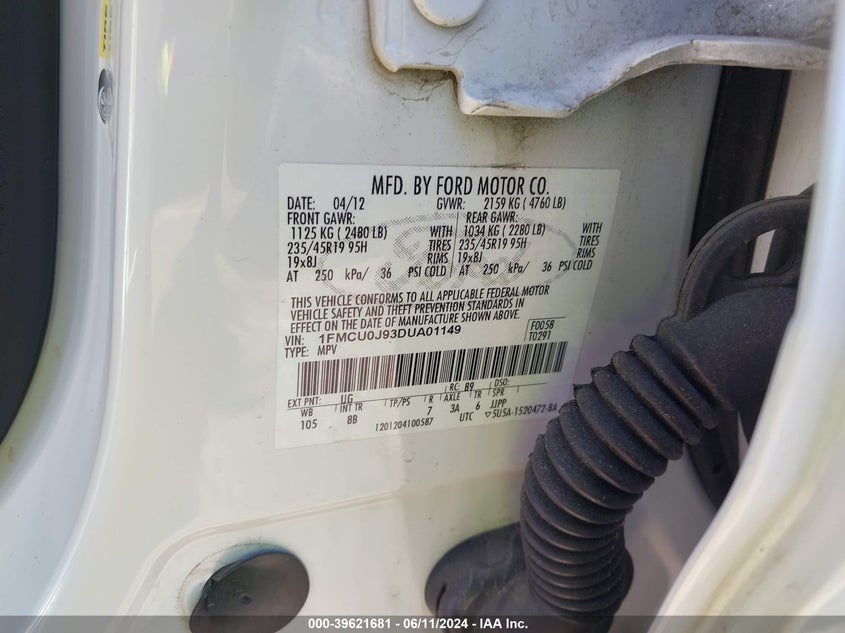 2013 Ford Escape Titanium VIN: 1FMCU0J93DUA01149 Lot: 39621681