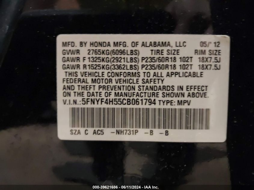 2012 Honda Pilot Ex-L VIN: 5FNYF4H55CB061794 Lot: 39621686