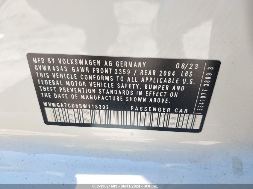 2024 Volkswagen Golf Gti 2.0T S VIN: WVWGA7CD5RW118302 Lot: 39621689