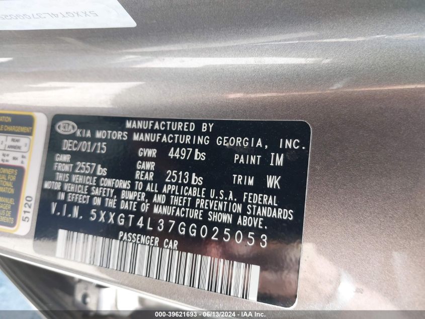 2016 Kia Optima Lx VIN: 5XXGT4L37GG025053 Lot: 39621693