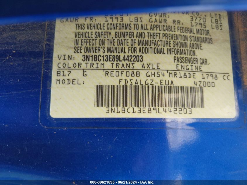 2009 Nissan Versa S/Sl VIN: 3N1BC13E89L442203 Lot: 39621695