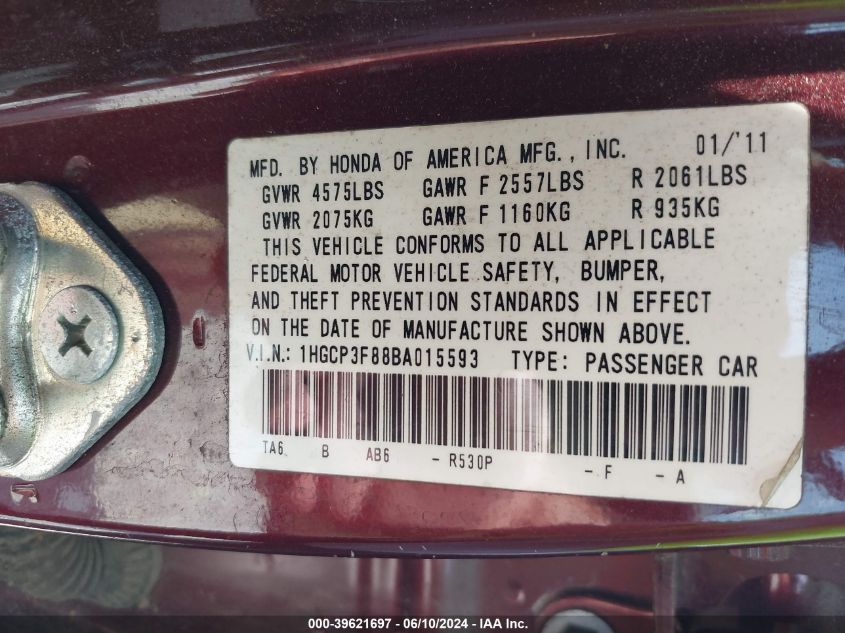 2011 Honda Accord 3.5 Ex-L VIN: 1HGCP3F88BA015593 Lot: 39621697