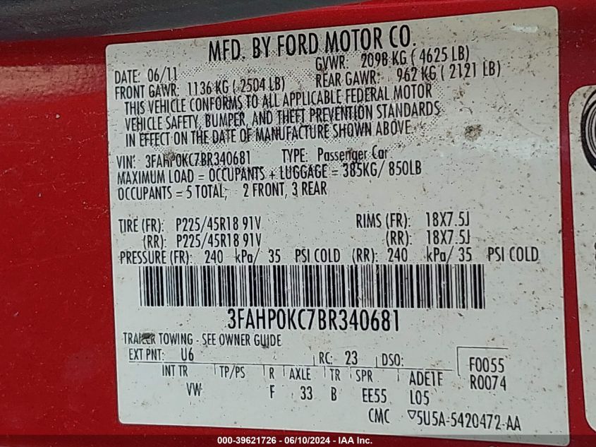 2011 Ford Fusion Sport VIN: 3FAHP0KC7BR340681 Lot: 39621726