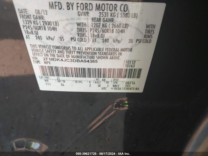 2013 Ford Edge Sel VIN: 2FMDK4JC3DBA94385 Lot: 39621728