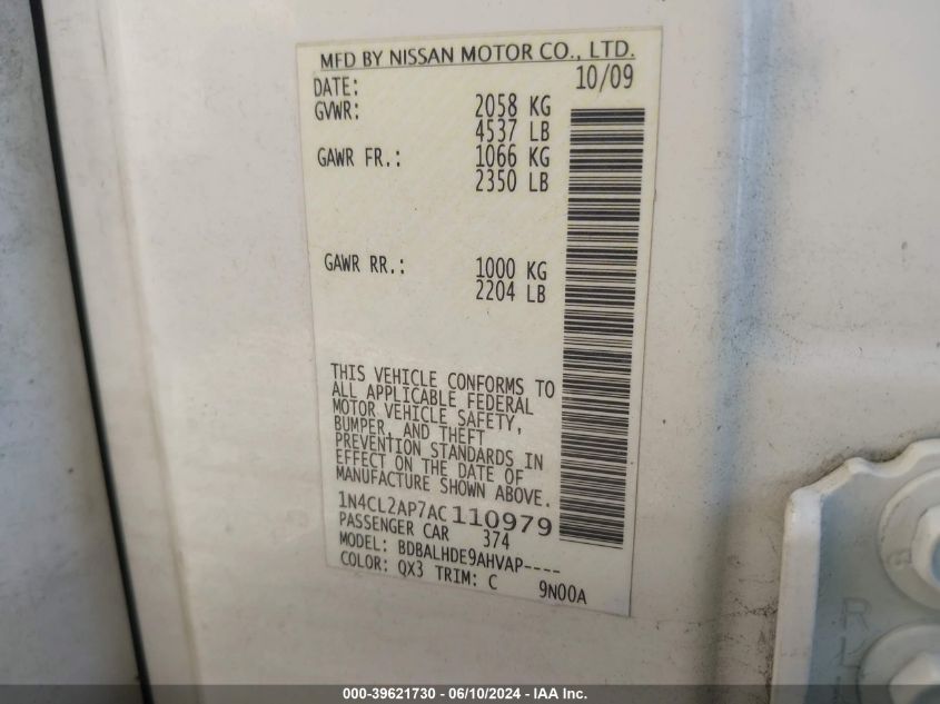 2010 Nissan Altima Hybrid VIN: 1N4CL2AP7AC110979 Lot: 39621730