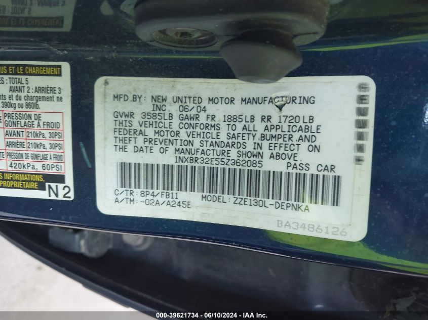 2005 Toyota Corolla Le VIN: 1NXBR32E55Z362085 Lot: 39621734