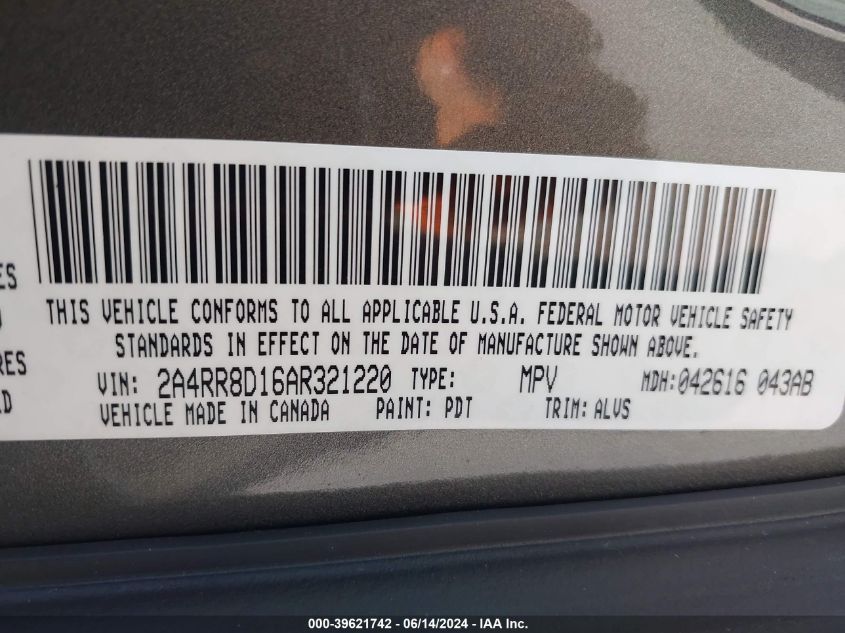 2010 Chrysler Town & Country Touring Plus VIN: 2A4RR8D16AR321220 Lot: 39621742