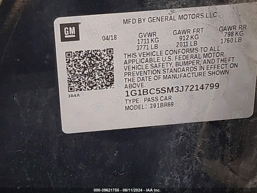 2018 Chevrolet Cruze Ls Auto VIN: 1G1BC5SM3J7214799 Lot: 39621755