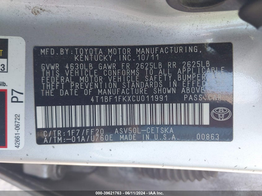 2012 Toyota Camry Se VIN: 4T1BF1FKXCU011991 Lot: 39621763
