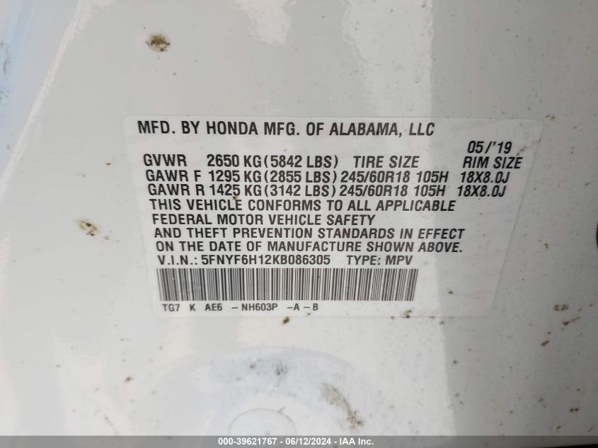 2019 Honda Pilot Lx VIN: 5FNYF6H12KB086305 Lot: 39621767