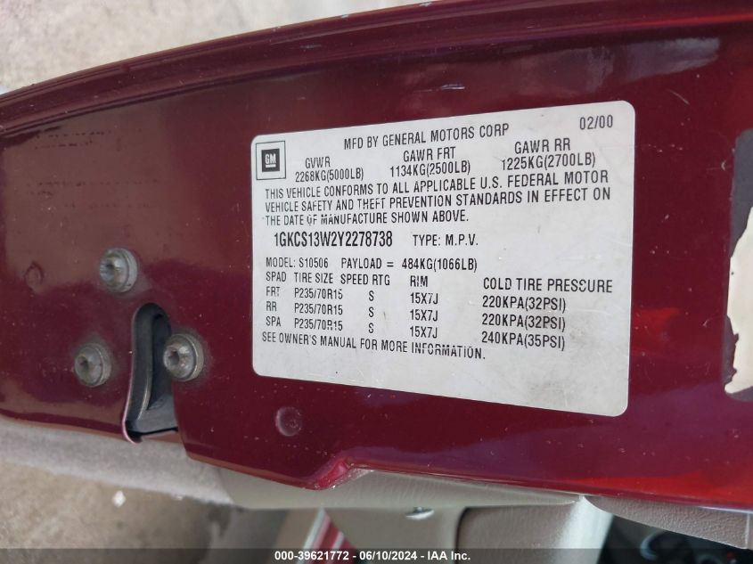 2000 GMC Jimmy Slt VIN: 1GKCS13W2Y2278738 Lot: 39621772