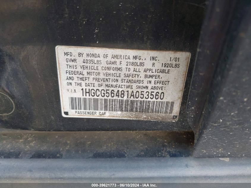 2001 Honda Accord 2.3 Lx VIN: 1HGCG56481A053560 Lot: 39621773