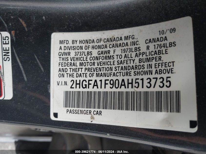 2010 Honda Civic Ex-L VIN: 2HGFA1F90AH513735 Lot: 39621774