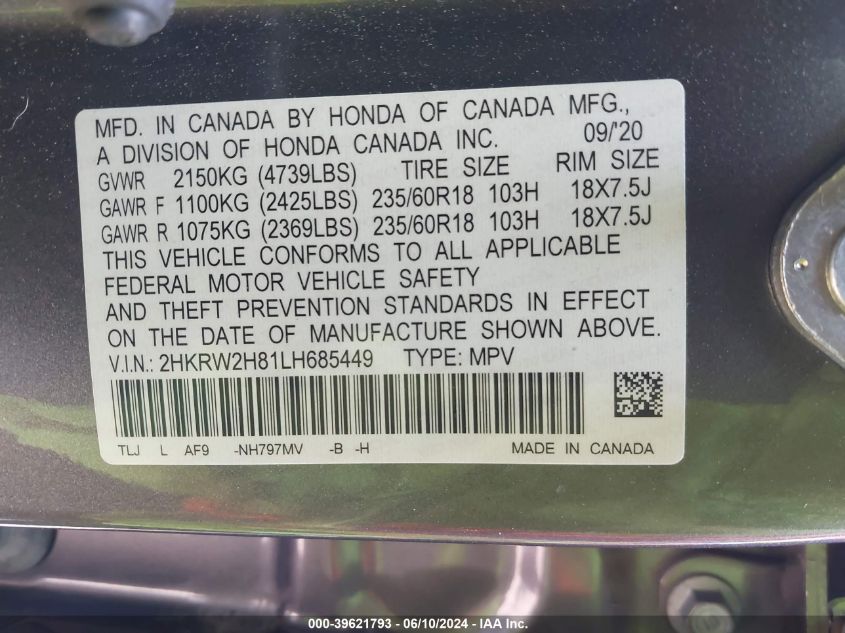 2020 Honda Cr-V Exl VIN: 2HKRW2H81LH68544 Lot: 39621793