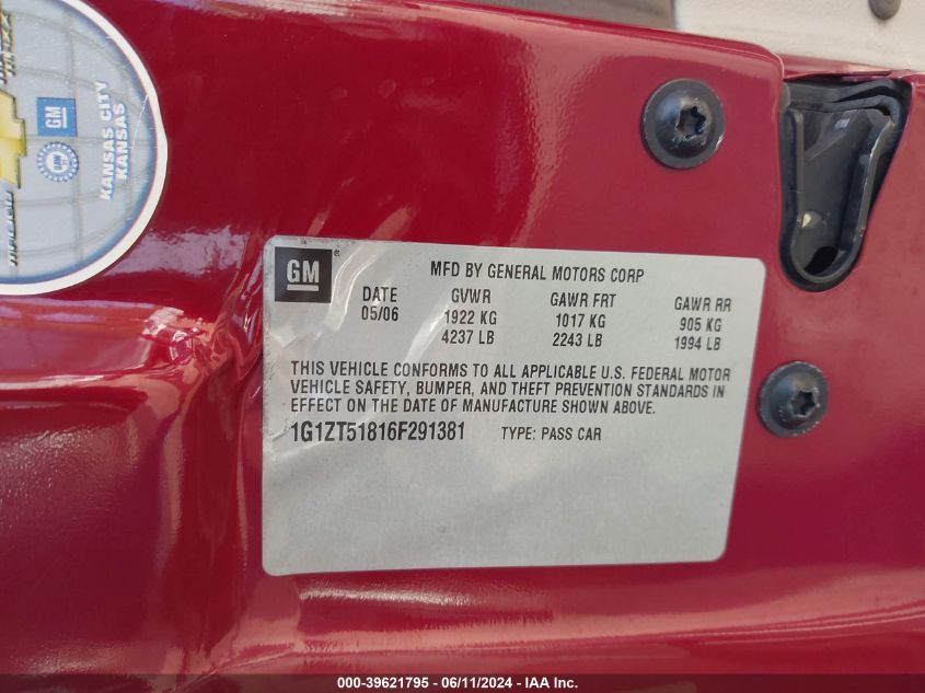 2006 Chevrolet Malibu Lt VIN: 1G1ZT51816F291381 Lot: 39621795