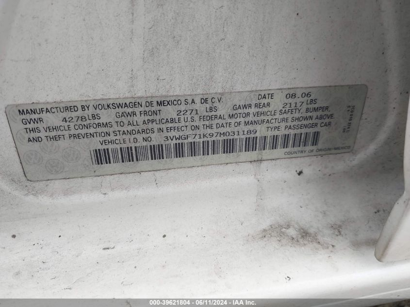 2007 Volkswagen Jetta VIN: 3VWGF71K97M031189 Lot: 39621804