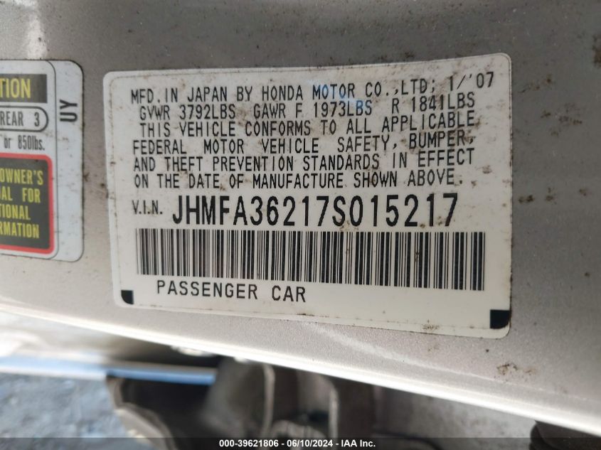 2007 Honda Civic Hybrid VIN: JHMFA36217S015217 Lot: 39621806