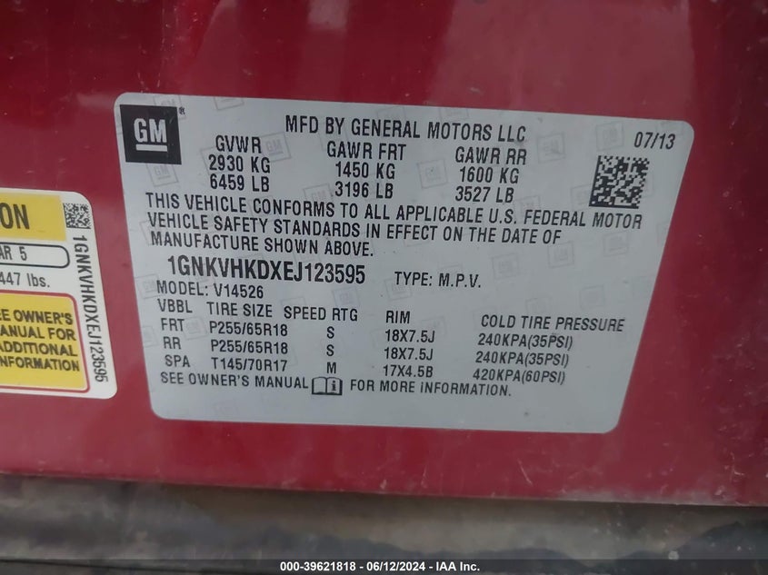 2014 Chevrolet Traverse 2Lt VIN: 1GNKVHKDXEJ123595 Lot: 39621818