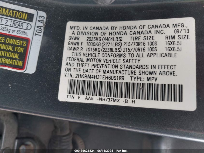 2014 Honda Cr-V Lx VIN: 2HKRM4H31EH606189 Lot: 39621824