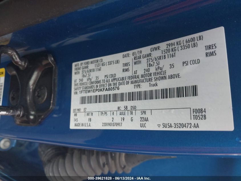 2019 Ford F-150 Xlt VIN: 1FTEW1EP0KFA80576 Lot: 39621828