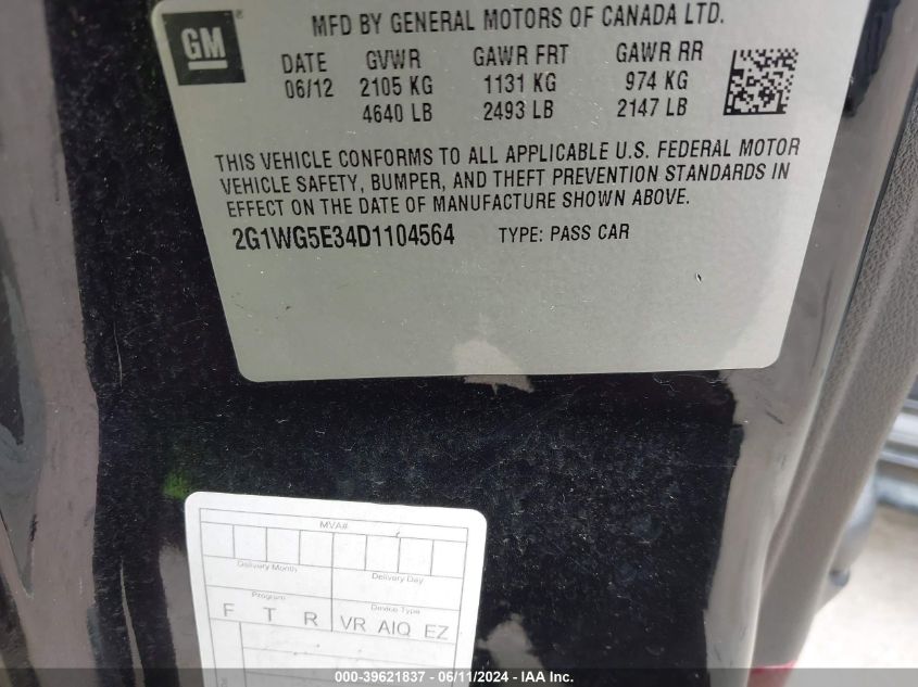 2013 Chevrolet Impala Lt VIN: 2G1WG5E34D1104564 Lot: 39621837