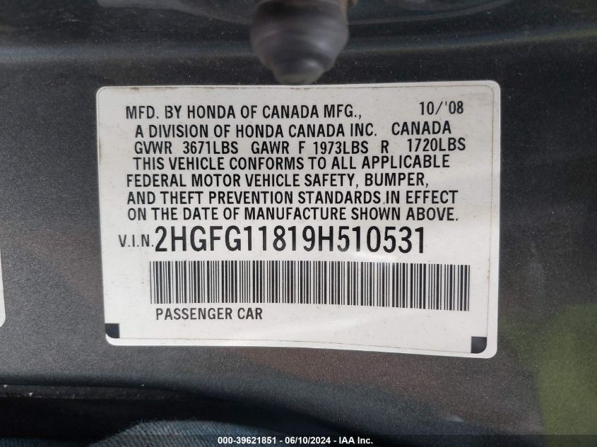 2HGFG11819H510531 | 2009 HONDA CIVIC