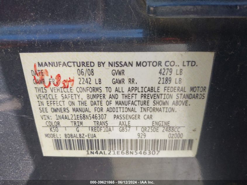 2008 Nissan Altima 2.5/2.5S VIN: 1N4AL21E68N546307 Lot: 39621865