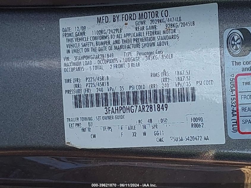 2010 Ford Fusion Se VIN: 3FAHP0HG7AR281849 Lot: 39621870