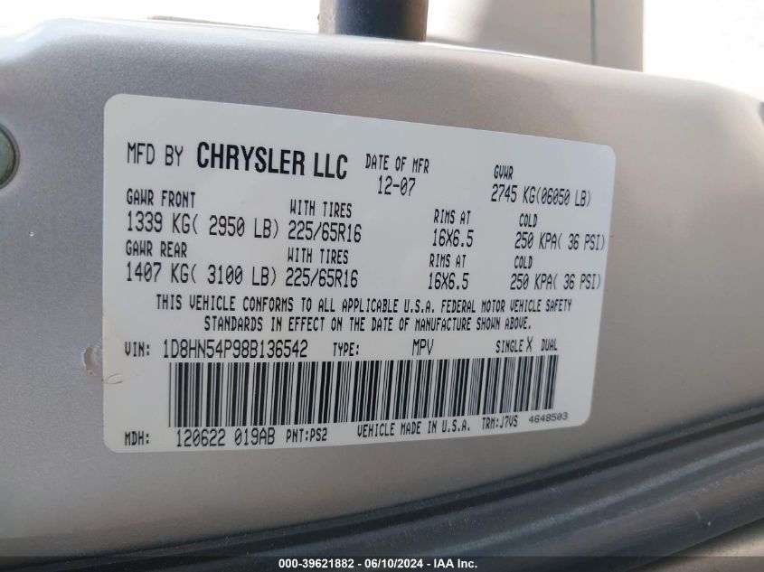 2008 Dodge Grand Caravan Sxt VIN: 1D8HN54P98B136542 Lot: 39621882