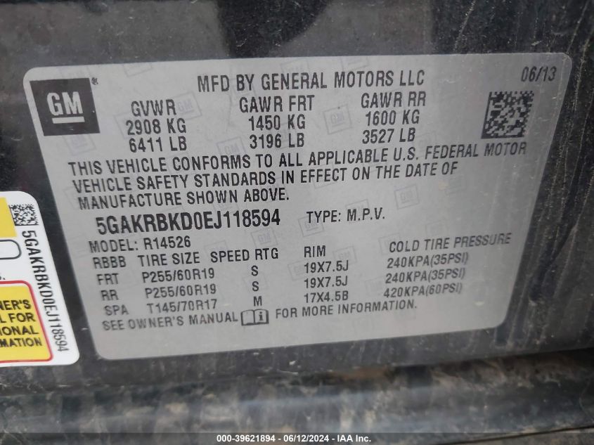 2014 Buick Enclave Leather VIN: 5GAKRBKD0EJ118594 Lot: 39621894