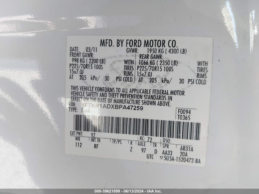 2011 Ford Ranger Xl VIN: 1FTKR1ADXBPA47259 Lot: 39621899