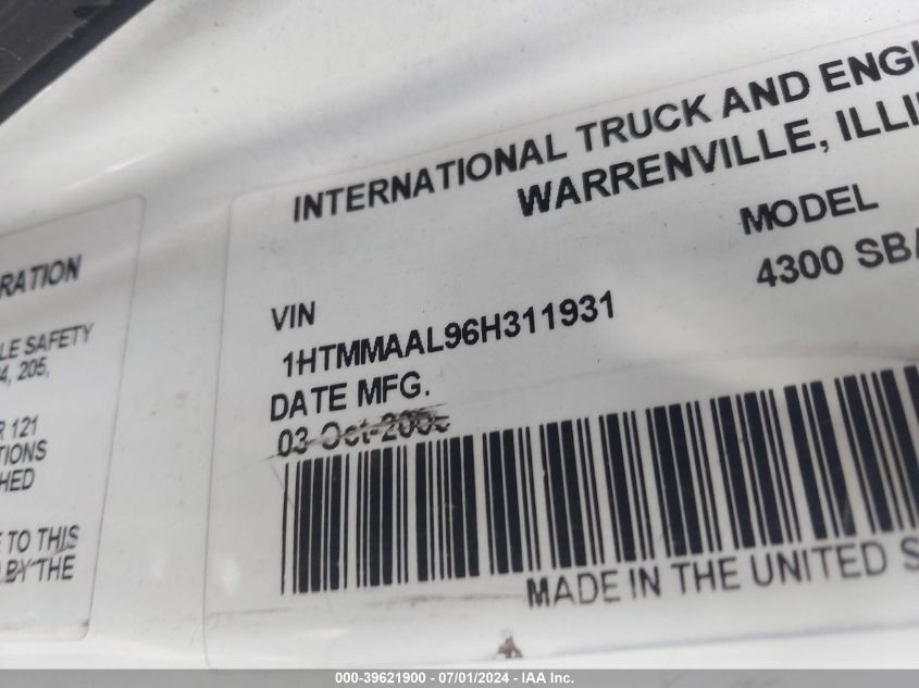 2006 International 4000 4300 VIN: 1HTMMAAL96H311931 Lot: 39621900