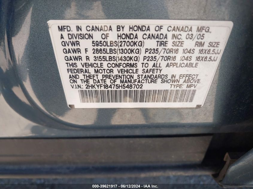 2005 Honda Pilot Ex VIN: 2HKYF18475H548702 Lot: 39621917