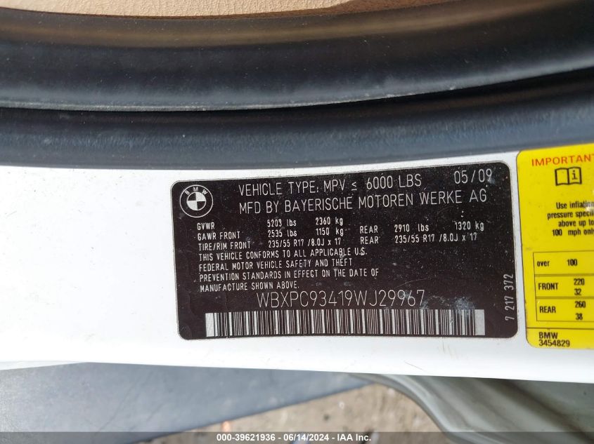 2009 BMW X3 xDrive30I VIN: WBXPC93419WJ29967 Lot: 39621936