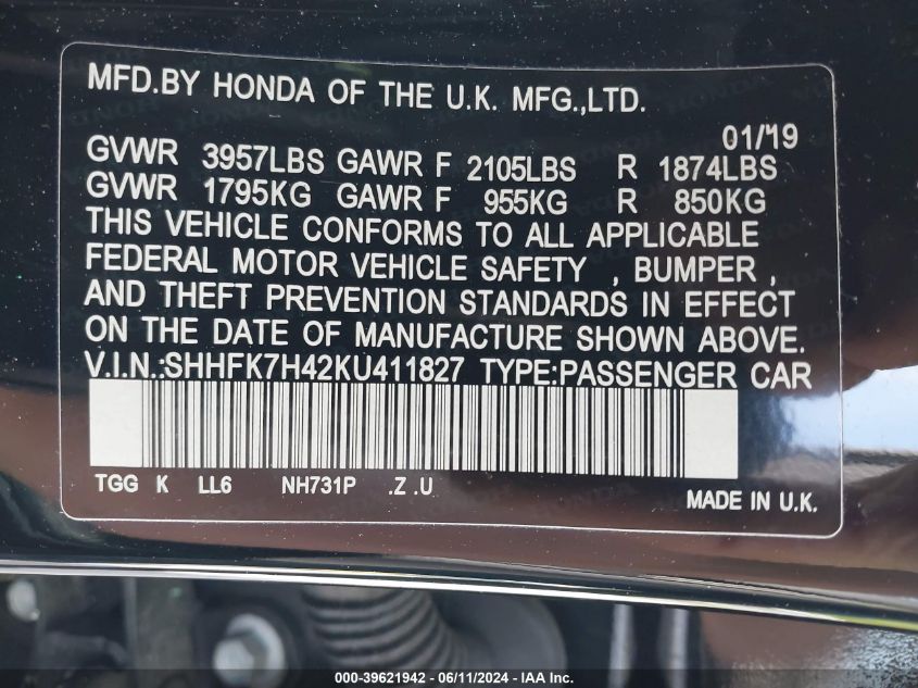 2019 Honda Civic Sport VIN: SHHFK7H42KU411827 Lot: 39621942