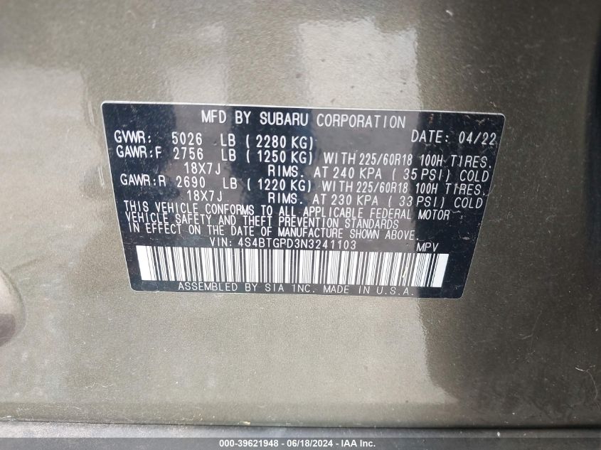 2022 Subaru Outback Touring Xt VIN: 4S4BTGPD3N3241103 Lot: 39621948