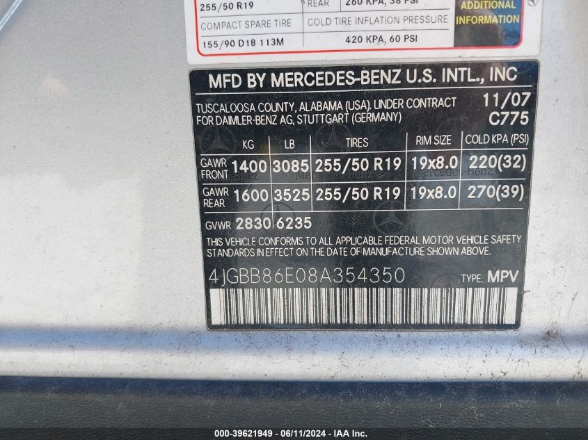 2008 Mercedes-Benz Ml 350 4Matic VIN: 4JGBB86E08A354350 Lot: 39621949