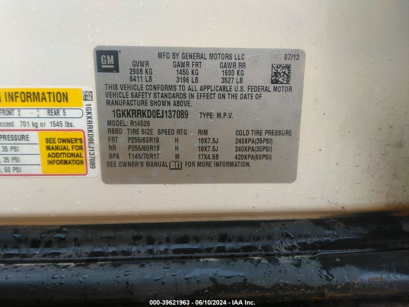 2014 GMC Acadia Slt-1 VIN: 1GKKRRKD0EJ137089 Lot: 39621963