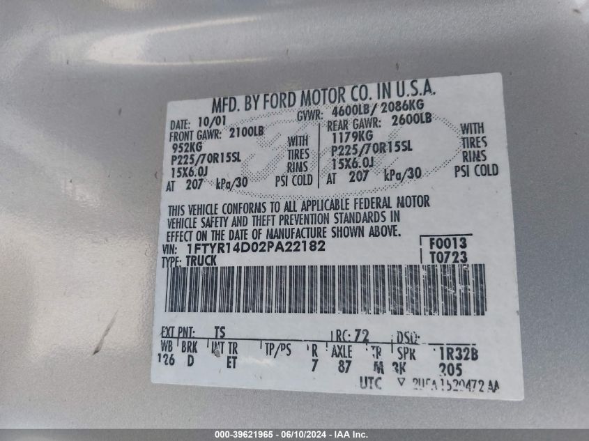 2002 Ford Ranger Xl/Xlt VIN: 1FTYR14D02PA22182 Lot: 39621965