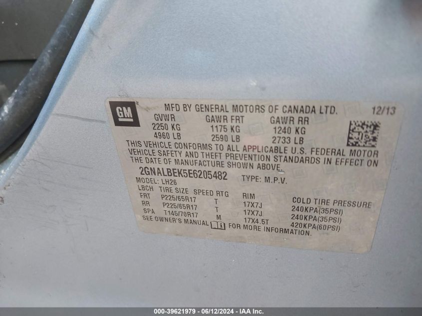 2014 Chevrolet Equinox 1Lt VIN: 2GNALBEK5E6205482 Lot: 39621979