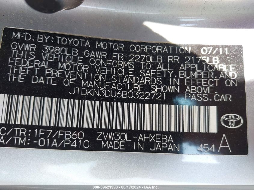 2011 Toyota Prius Two VIN: JTDKN3DU6B0322721 Lot: 39621990