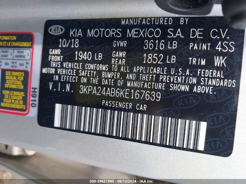 2019 Kia Rio S VIN: 3KPA24AB6KE167639 Lot: 39621995