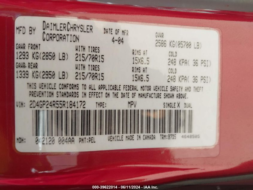 2005 Dodge Grand Caravan Se VIN: 2D4GP24R55R184172 Lot: 39622014