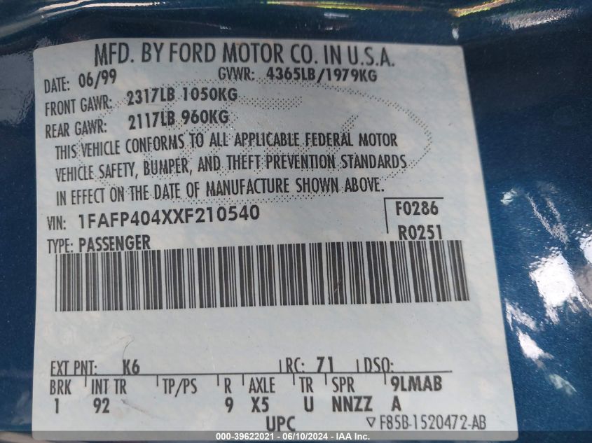 1999 Ford Mustang VIN: 1FAFP404XXF210540 Lot: 39622021