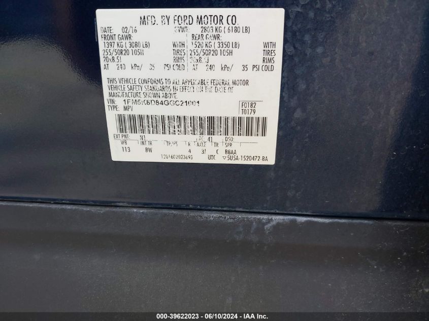 2016 Ford Explorer Xlt VIN: 1FM5K8D84GGC21001 Lot: 39622023