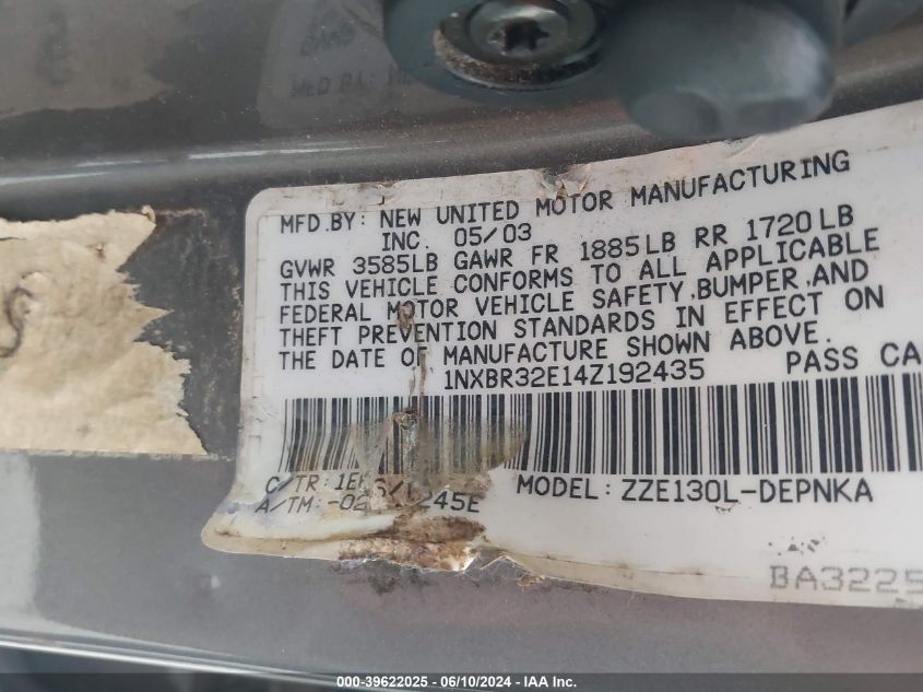 2004 Toyota Corolla Le VIN: 1NXBR32E14Z192435 Lot: 39622025