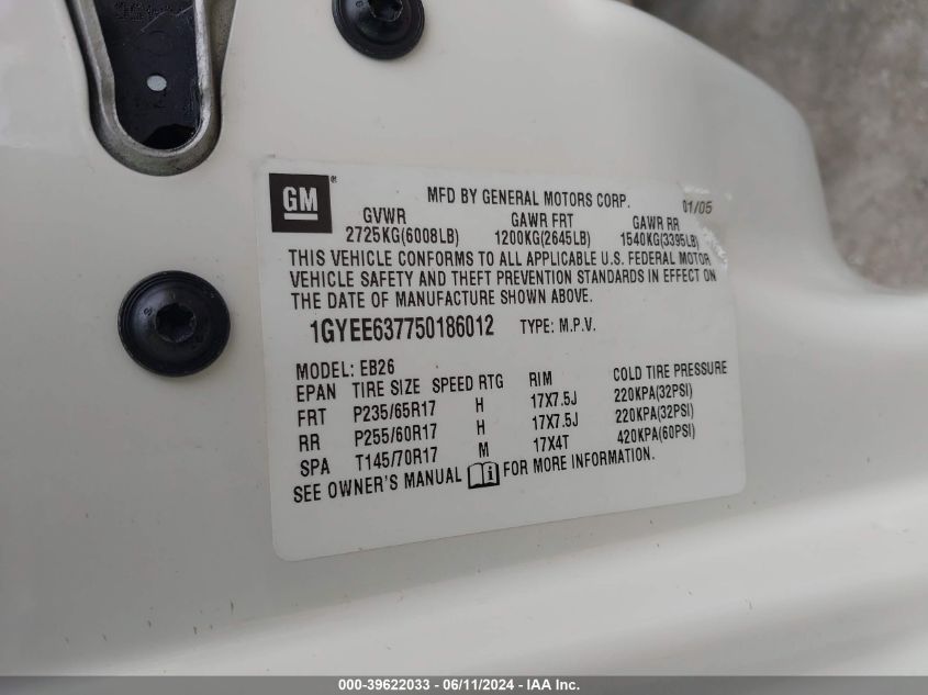 2005 Cadillac Srx VIN: 1GYEE637750186012 Lot: 39622033