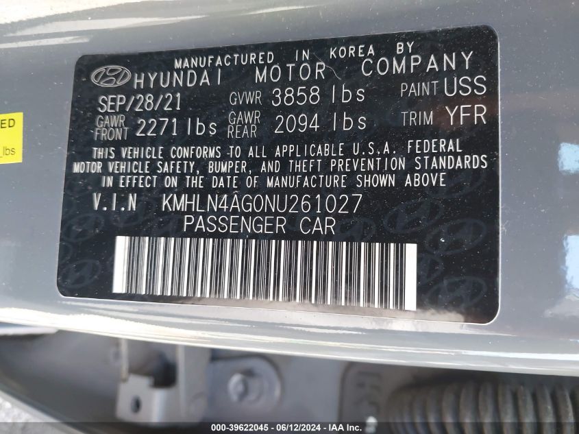 2022 Hyundai Elantra Sel VIN: KMHLN4AG0NU261027 Lot: 39622045