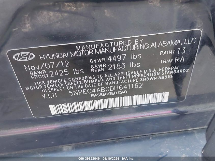 2013 Hyundai Sonata Se 2.0T VIN: 5NPEC4AB0DH641162 Lot: 39622049
