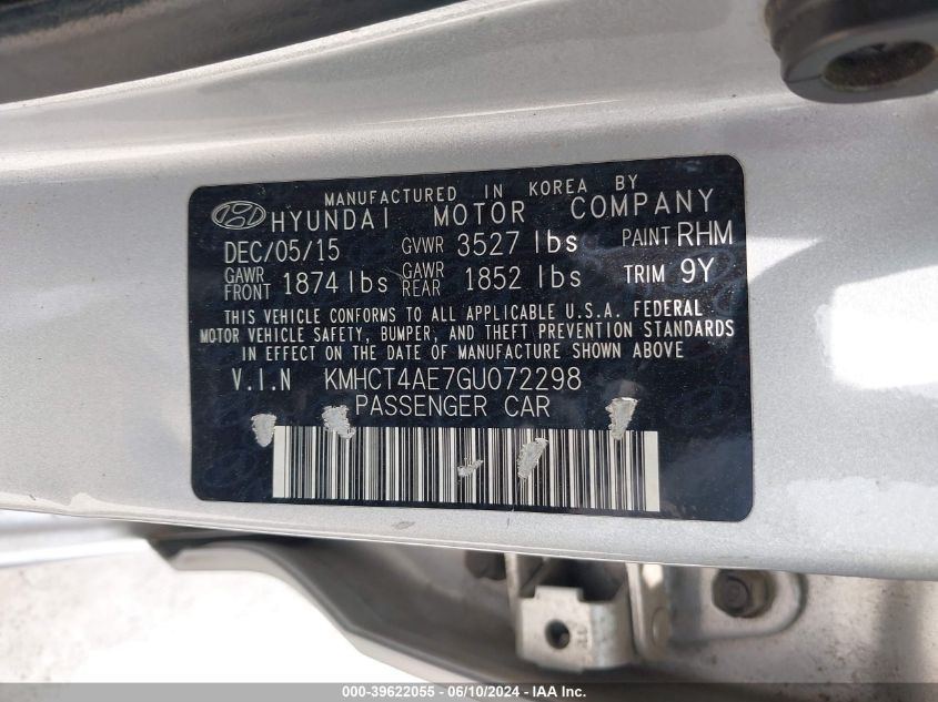 2016 Hyundai Accent Se VIN: KMHCT4AE7GU072298 Lot: 39622055